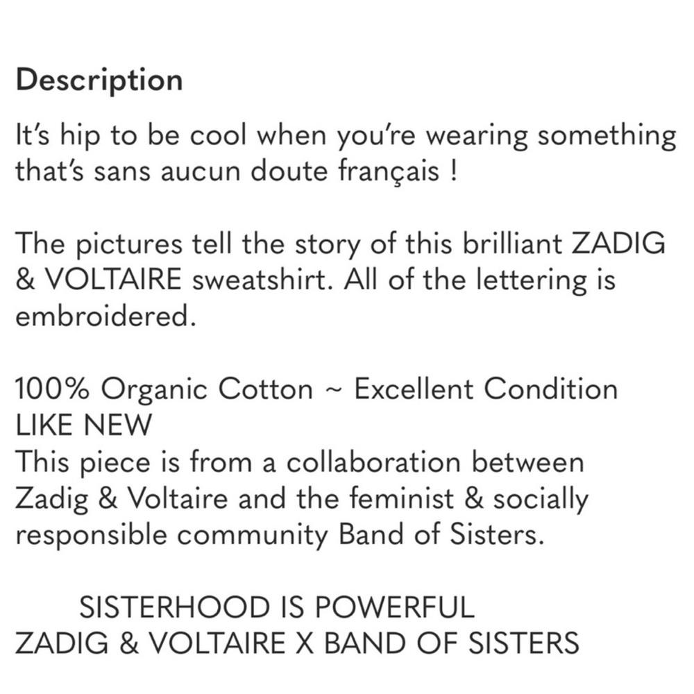 Zadig & Voltaire Band of Sisters Graphic Sweatshirt RARE HTF ~ size Small - Picture 15 of 16